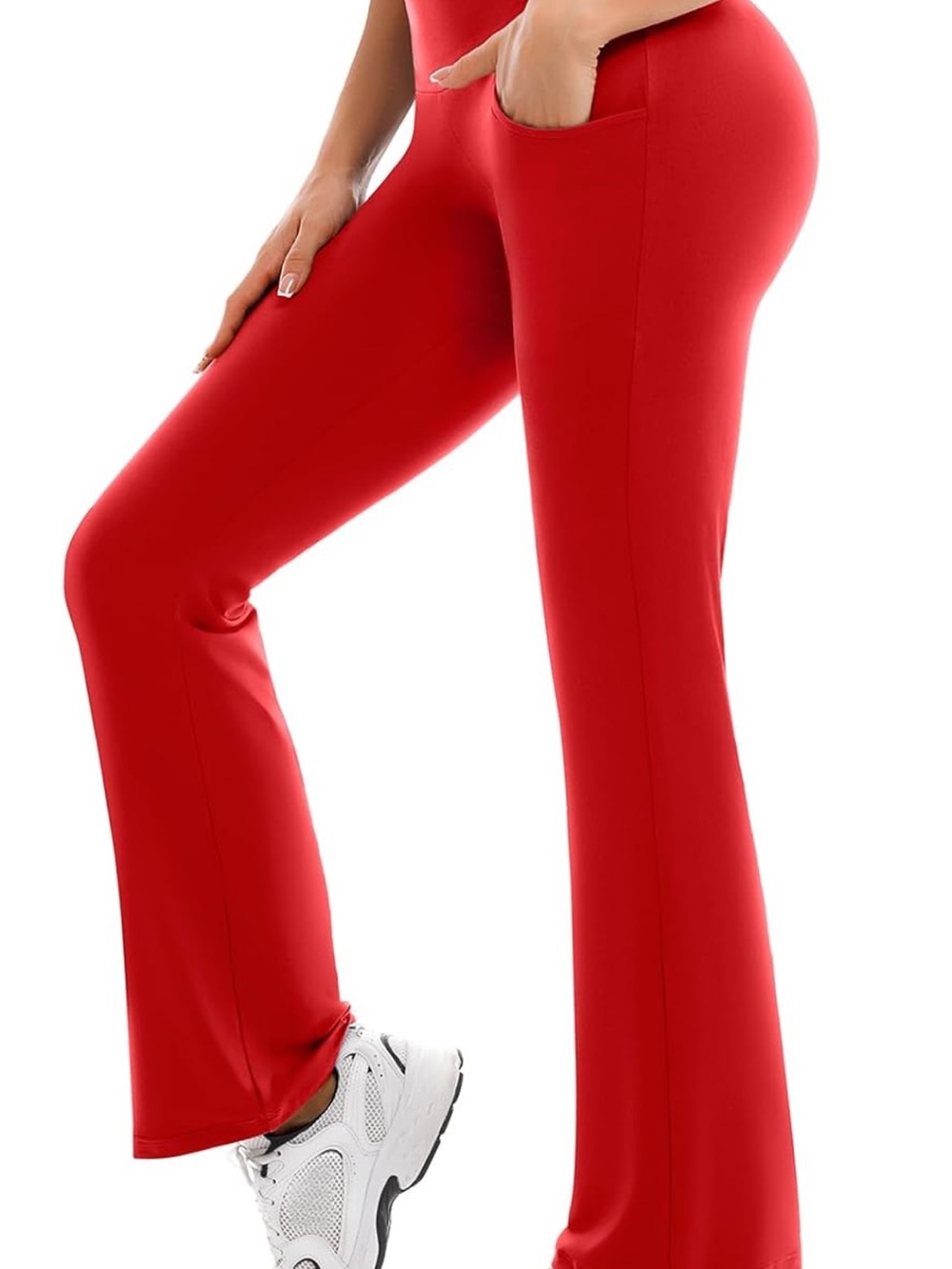 Women's Red High-Waist Flare Jumpsuit Pants with Pockets